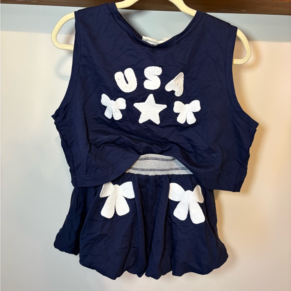 Peach Love California Navy Top and bubble short bottoms